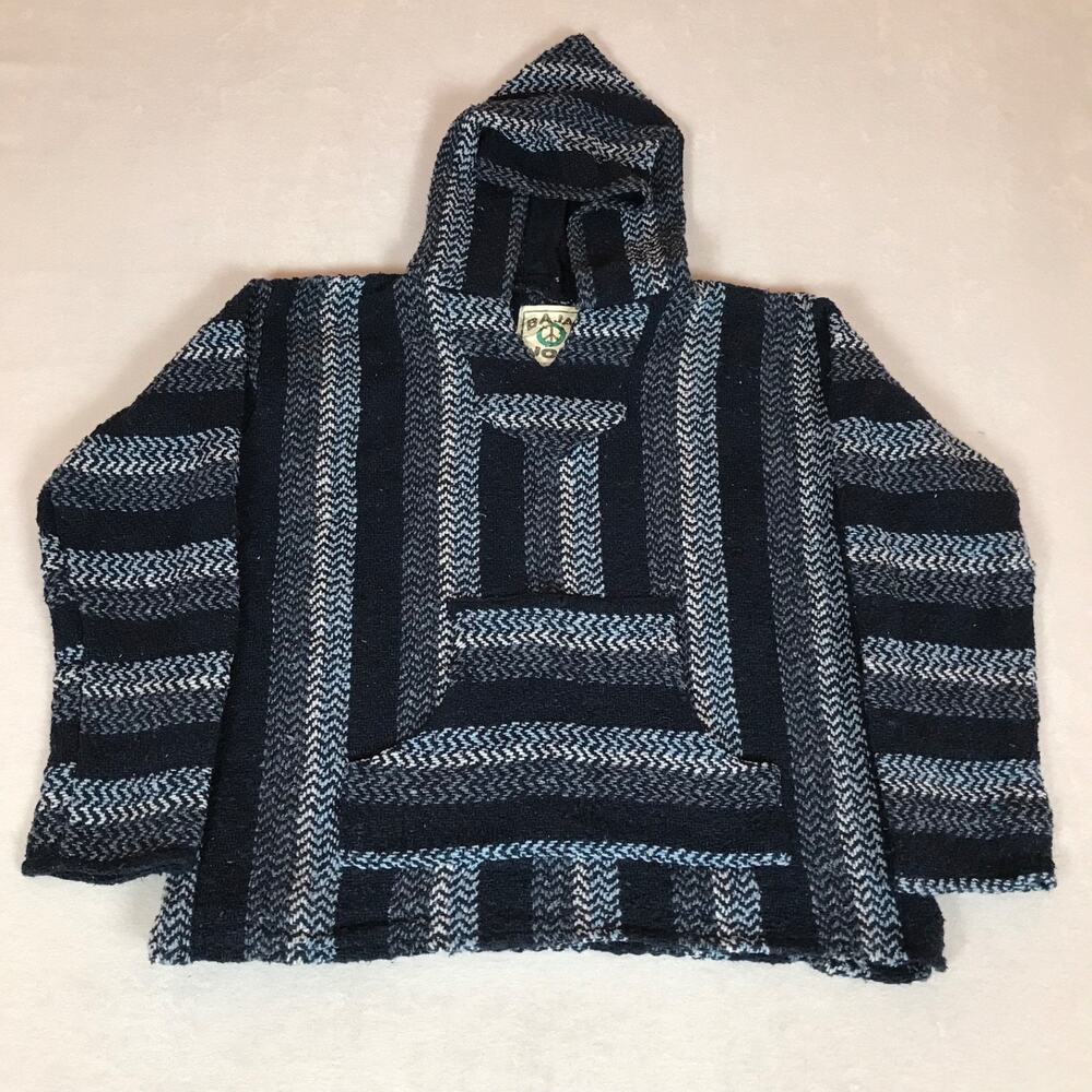 Baja Joe Blue Striped Mexican Poncho Hoodie Medium